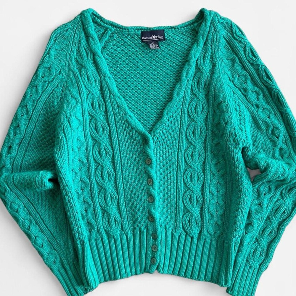 Vintage Aqua Green Chunky Knit Hunter’s Run Button Front Cardigan Sweater S